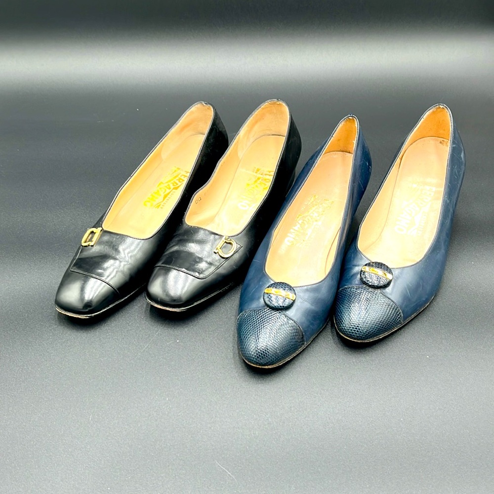 Vintage Salvatore Ferragamo Black and Navy Heel Set size 8 1/2